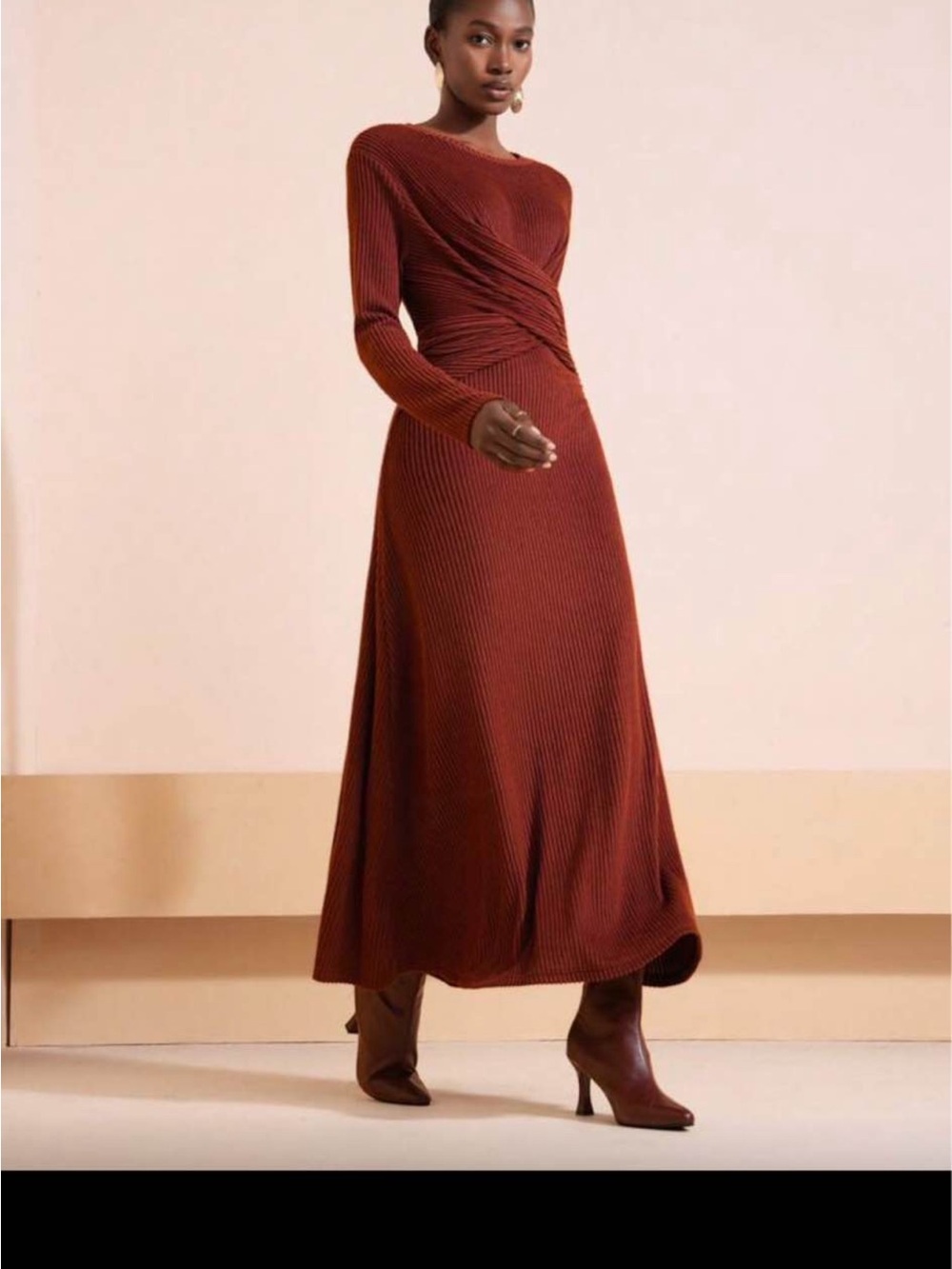 Amazon Long-Sleeve Twist-Waist Maxi Dress in Rust Brown